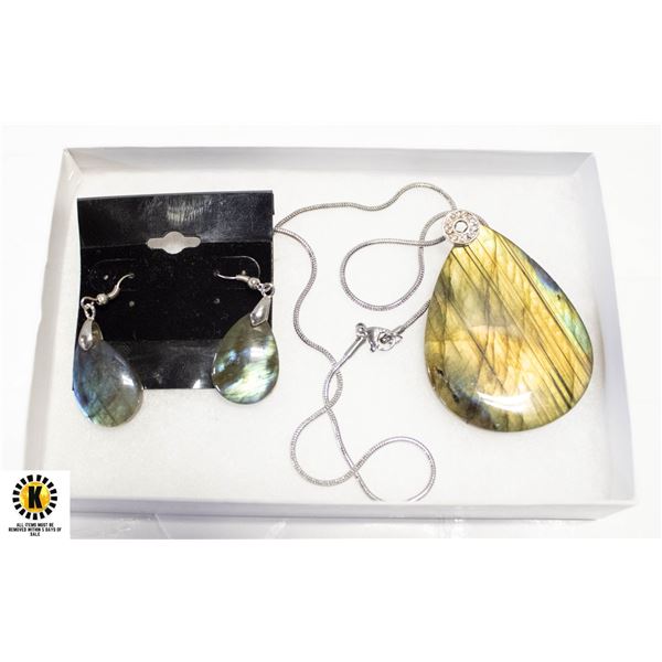 LARGE TEARDROP LABRADORITE NECKLACE EARRING SET