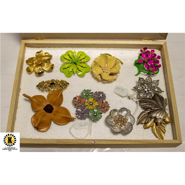 BOX LOT OF VINTAGE BROOCHES APPROX OVER $200.00 VALUE