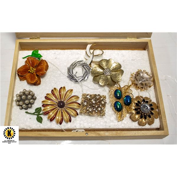 BOX LOT OF VINTAGE BROOCHES APPROX OVER $200.00 VALUE