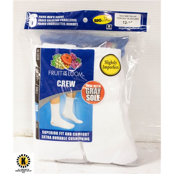WHITE CREW SOCKS 12-16 SIZE 6-PACK FRUIT OF LOOM N