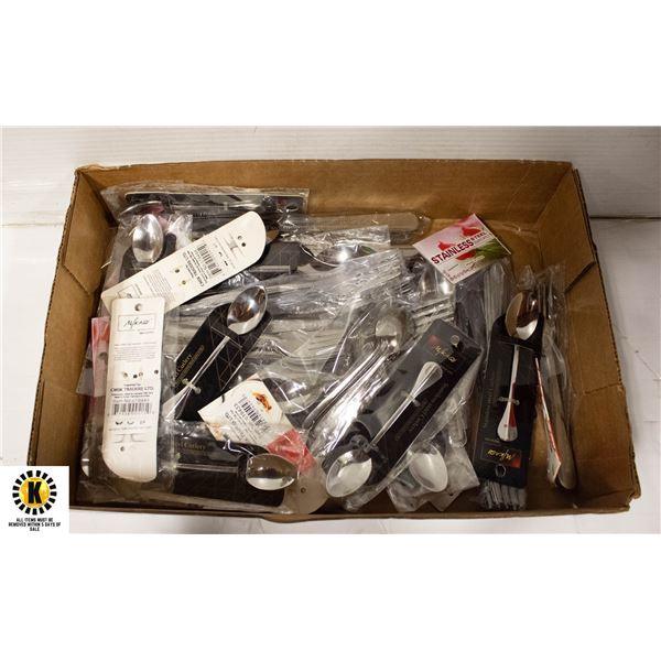FLAT OF ASSORTED NEW PACKSOF FORKS,SPOONS ETC