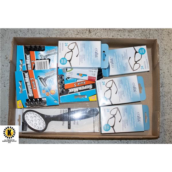 FLAT OF DISPOSIABLE RAZERS & GLASS WIPES ETC