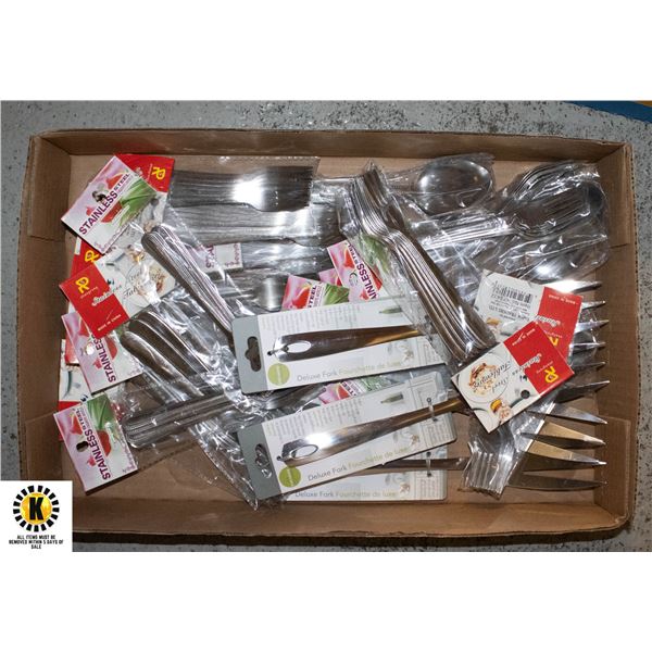 FLAT OF ASSORTED NEW PACKSOF FORKS,SPOONS ETC