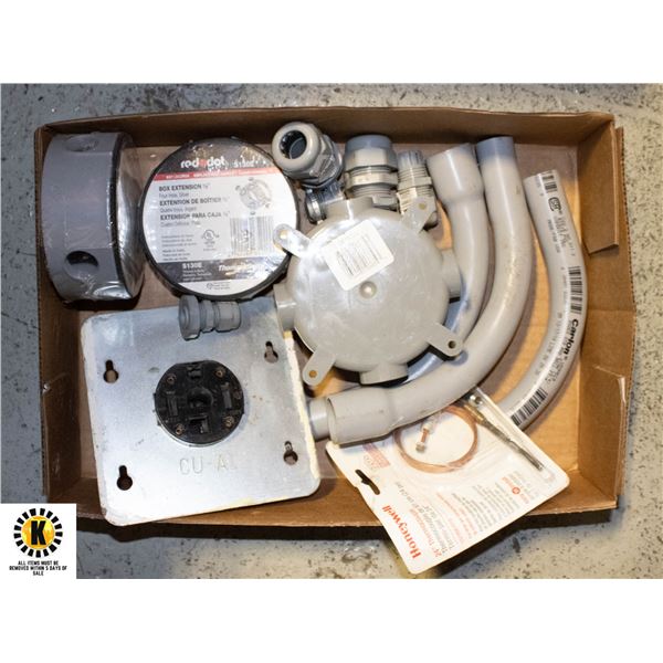 FLAT OF MOSTLY NEW ELECTRICAL SUPPLIES