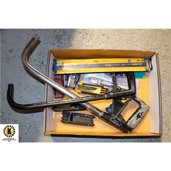 FLAT OF MULTI TOOLS PLUS 2 HACKSAWS W/NEW BLADES