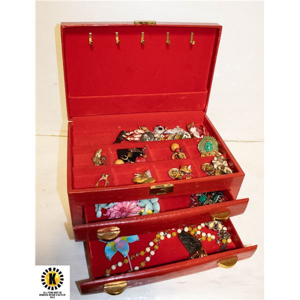 RED JEWELRY BOX OF ASSORTED ESTATE JEWELRY