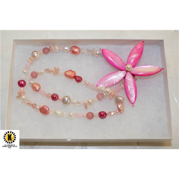 PINK FLOWER PEARL STRETCH NECKLACE 17"