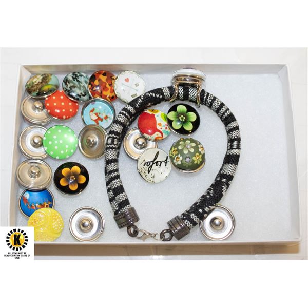 GRAY & BLACK FABRIC SNAP CHARM BRACELET & 22 SNAP