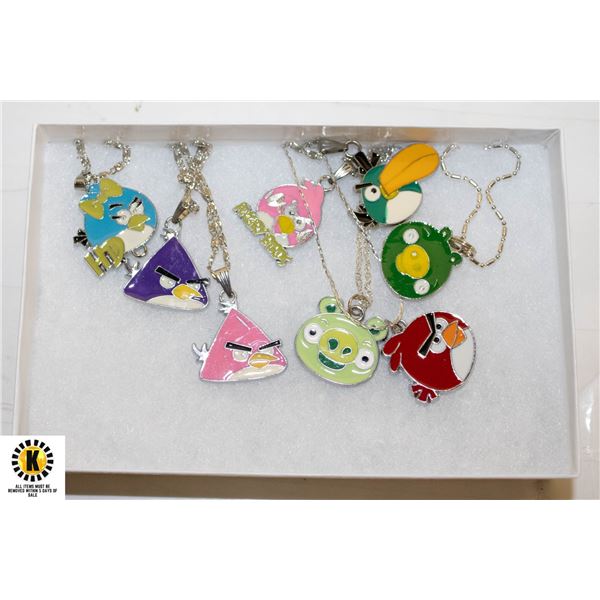 BOX LOT OF 8 ANGRY BIRD NECKLACES 16"-18" CHAINS