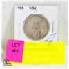 Image 1 : 1908 NFLD KING GEORGE SILVER HALF DOLLAR