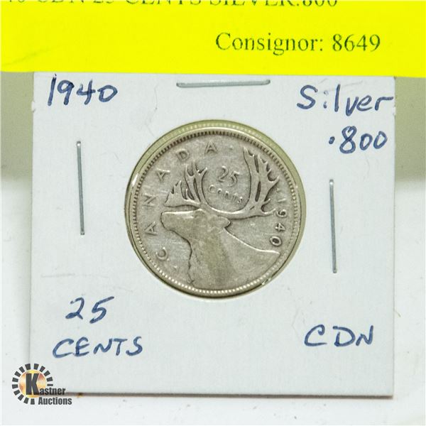1940 CDN 25 CENTS SILVER.800