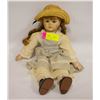 Image 1 : 16" PORCELAIN DOLL IN STRIPED PINAFORE STYLE DRESS