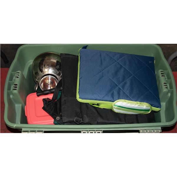 BIN OF MISC CAMPING SUPPLIES