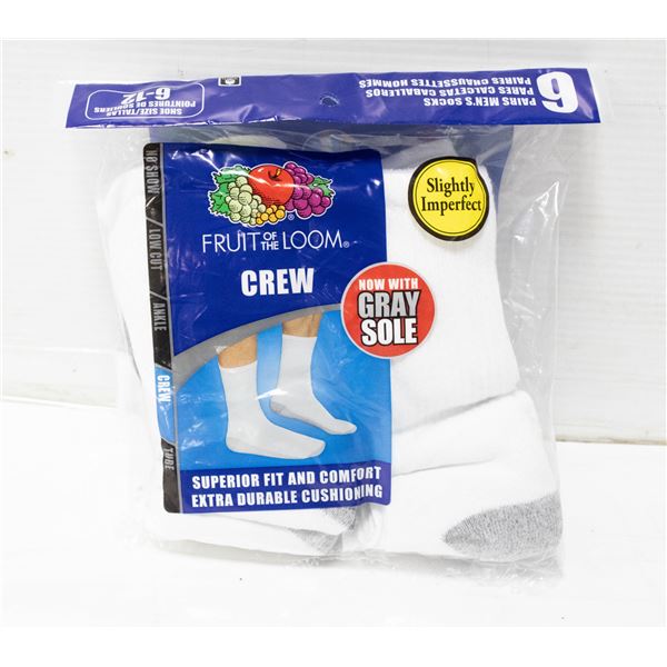 WHITE CREW SOCKS 6-12 SIZE 6-PACK FRUIT OF LOOM