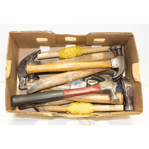 FLAT OF 8 HAMMERS, 2 TAPE MEASURES ETC.