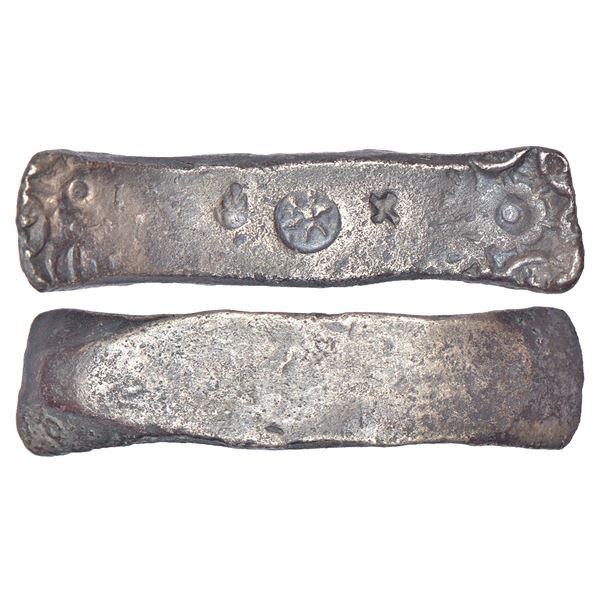 Ancient India: Archaic silver punch marked 'bent bar' coin, attributed to 'Gandhara Janapada', (c.60