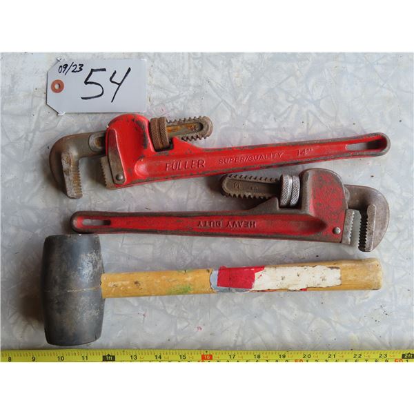 2 14" Pipe wrenches and rubber mallet/hammer