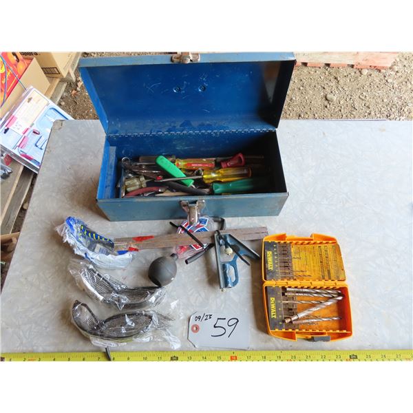 Metal tool box with assorted tools, gauge, drill bits, etc.