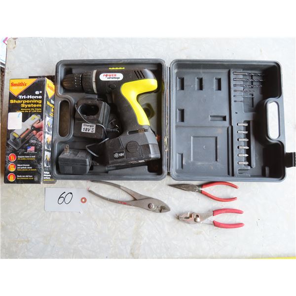 Power Advantage 18V drill kit with assorted pliers, & 6" Tri-hone sharpening system