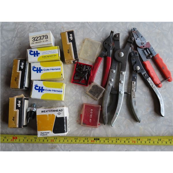 Lot of electrical switches & fuses (Assorted) with wire stripper tools, etc.