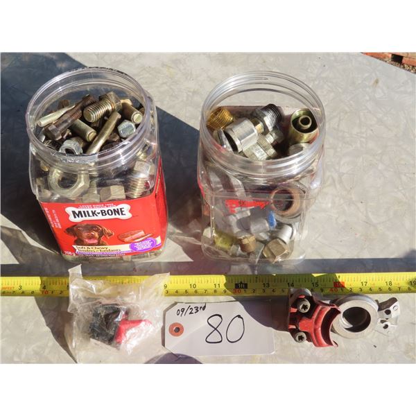 Assorted brake and hydraulic fittings and assortment of nuts and bolts
