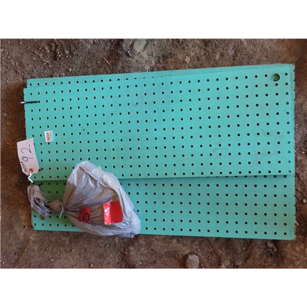 3 Pieces of peg board 30.25"x 18.25" & 30.25"x11" with bag of 7 inch hooks