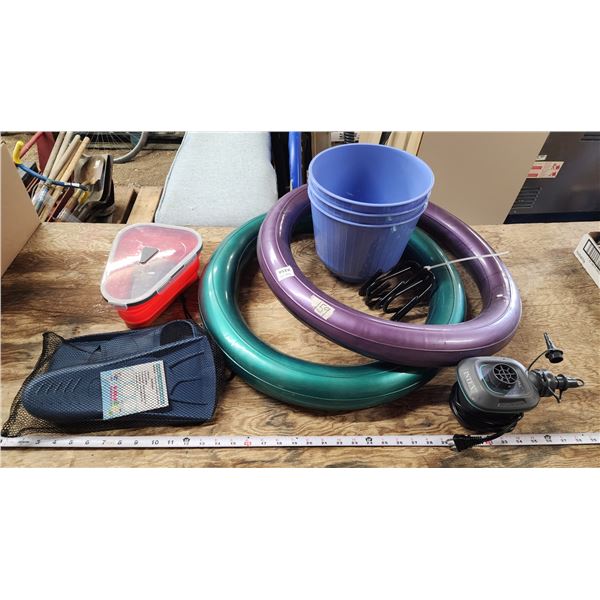 Misc. Items - 2 Exercise Tubes, Air Pump and Assorted Pails Etc.