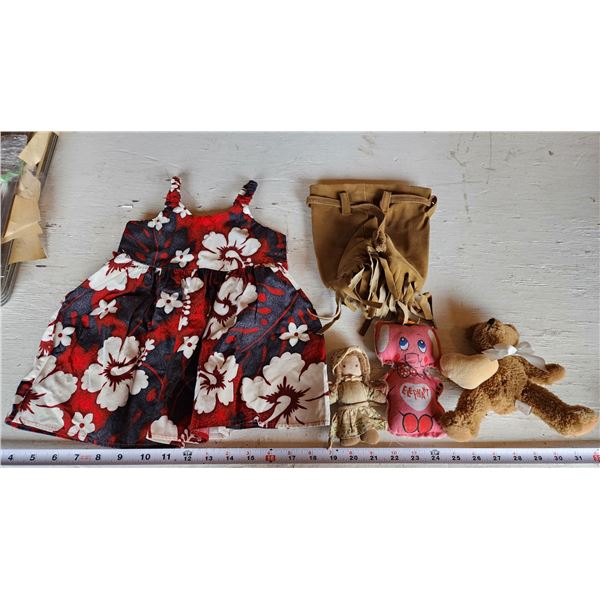 Vintage kids items - Homemade dolly dress, stuffed animals and pleather bag