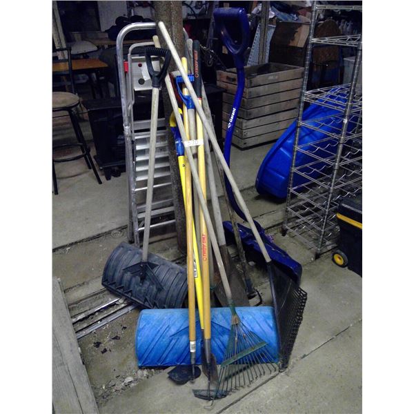 Misc. Lot of Shovesl, Rakes and Snow Shovels