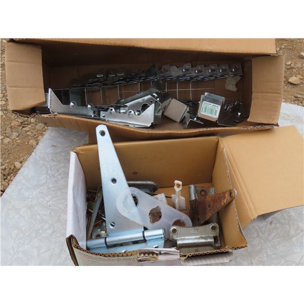 Box of MiTek USP Brace Brackets and assorted hinges and hardware