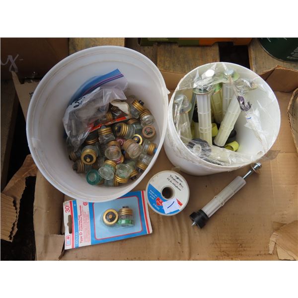 Lot of assorted time delay fuses, telephone wire, etc.