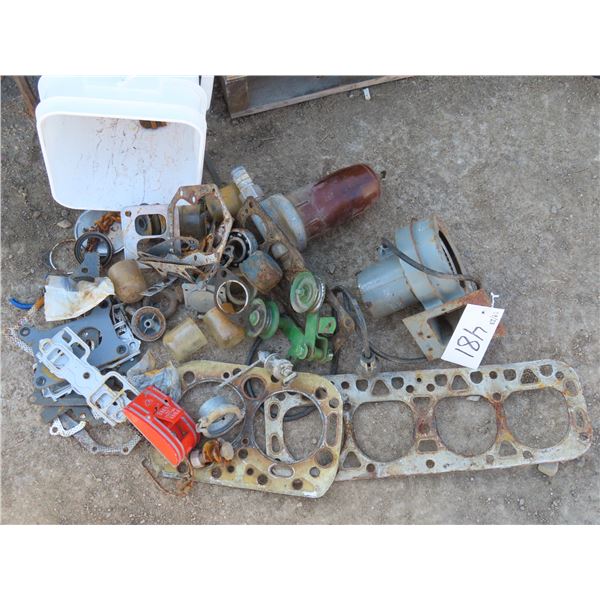 Plastic bucket full of assorted metal parts etc.