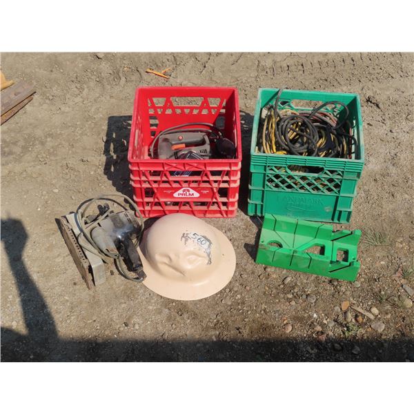 2 Milk crates of assorted tools & a Metal helmet