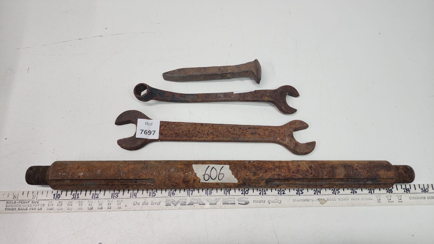Bundle of vintage tools - wrenches, rail spike and threaded rod ...