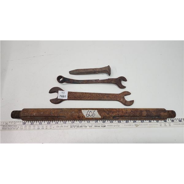 Bundle of vintage tools - wrenches, rail spike and threaded rod, supposedly for a combine