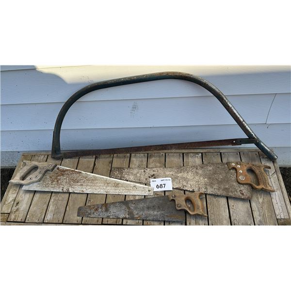 687 - Bow saw / 3 hand saws