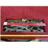Image 1 : tool tray of vintage wrenches, hammer heads, chisels, etc.
