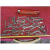 Image 2 : tool tray of vintage wrenches, hammer heads, chisels, etc.