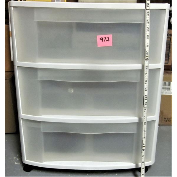 Plastic Sterilite 3-drawer storage container with roller wheels - 26"H X 22"W X 15"D