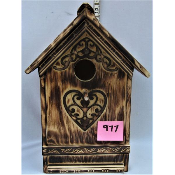 Custom made wooden bird house, fire burn etched - 12"