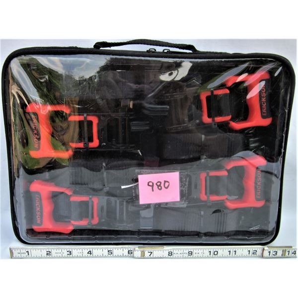 Set of four new zippered case "Erickson" ratchet tie down strap set