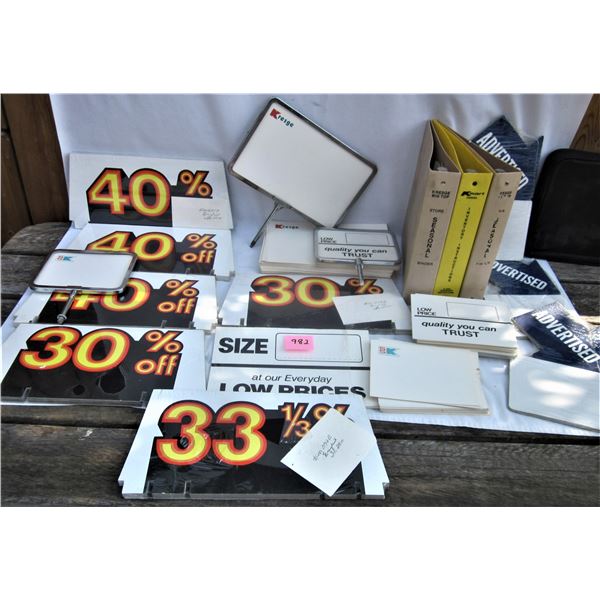Huge lot new-old-stock S.S. Kresge sale placards & sign holders 3 binders