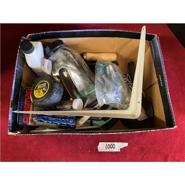 Assorted lot includes measuring tape, Rock multi tool, chains, small engine oil bottle etc..