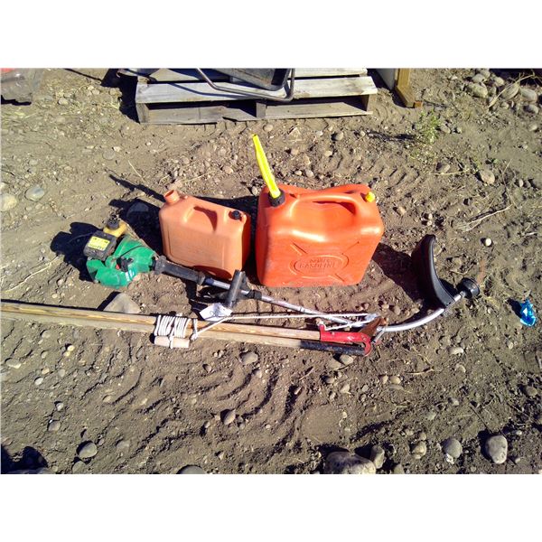 Weed eater, pruner and 2 gas cans