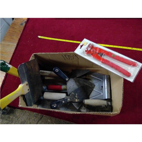 Various trowels, putty knives and tile clipper