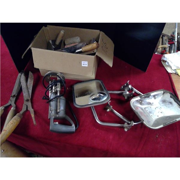 trowels, drill , mirrors and pruners