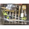Image 1 : pallet of unclaimed merchandise (must take all) rakes, shovels, work light, bird bath, whipper snipp