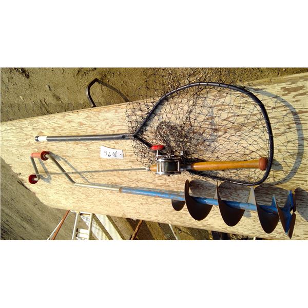 ice auger, fishing ord and net