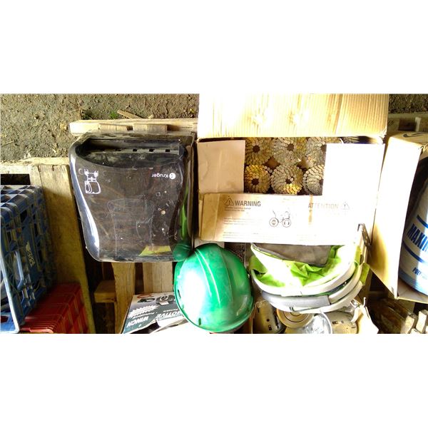 coil nails, hardhat, collapsable carry bag adnd paper towel dispenser
