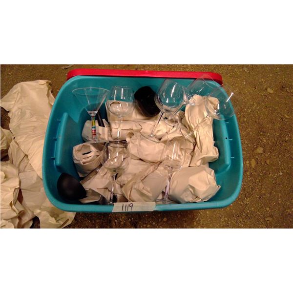 Wincee glasses and assorted in tote ( some unwrapped to view)